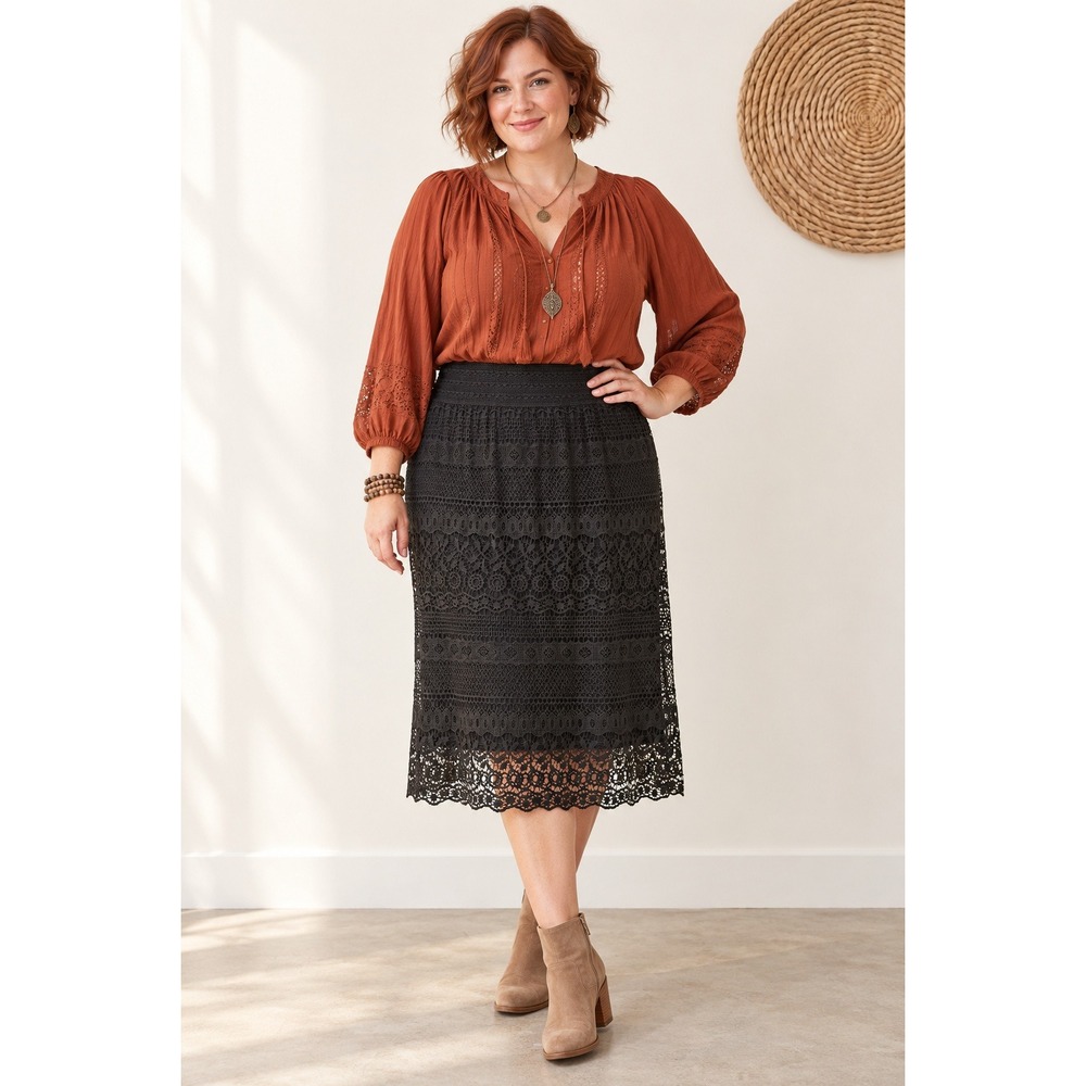 Boho Whimsigoth Luxe Minimalist Black Eyelet Lace Scalloped Hem XL Midi Skirt